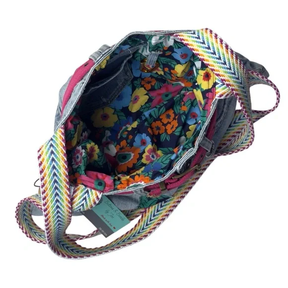 Handmade Upcycled Denim Floral Patch Mini Skirt Rainbow Strap Shoulder Bag - Picture 12 of 13